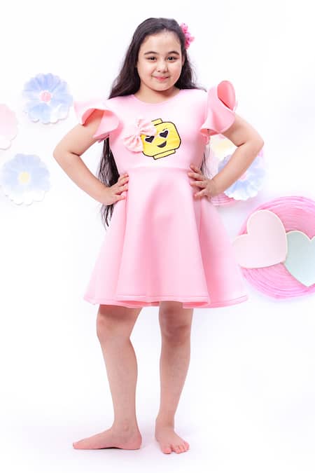 Fayon Kids Pink Lycra Embroidery Flared Dress With Motif 