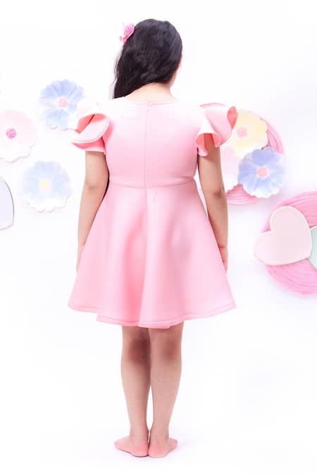 Shop Fayon Kids Pink Lycra Embroidery Flared Dress With Motif at Aza Fashions Shop_Fayon Kids_Pink Lycra Embroidery Flared Dress With Motif _at_Aza_Fashions