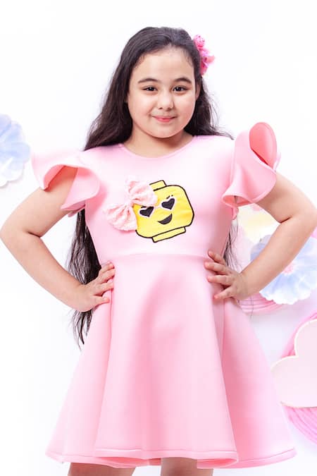Shop Fayon Kids Pink Lycra Embroidery Flared Dress With Motif Online at Aza Fashions Shop_Fayon Kids_Pink Lycra Embroidery Flared Dress With Motif _Online_at_Aza_Fashions