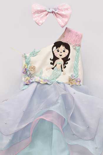 FAYON KIDS_Blue Cotton Satin, Organza, Silk Sequins One Shoulder Mermaid Dress _Online_at_Aza_Fashions