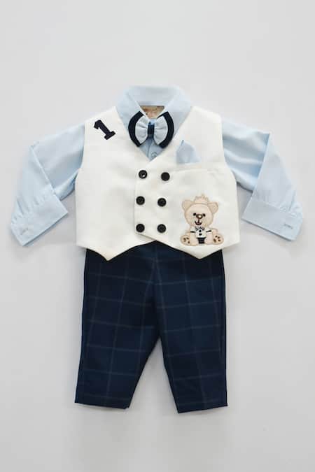 FAYON KIDS Blue Shantoon Embroidered Waistcoat And Shirt Set For Boys