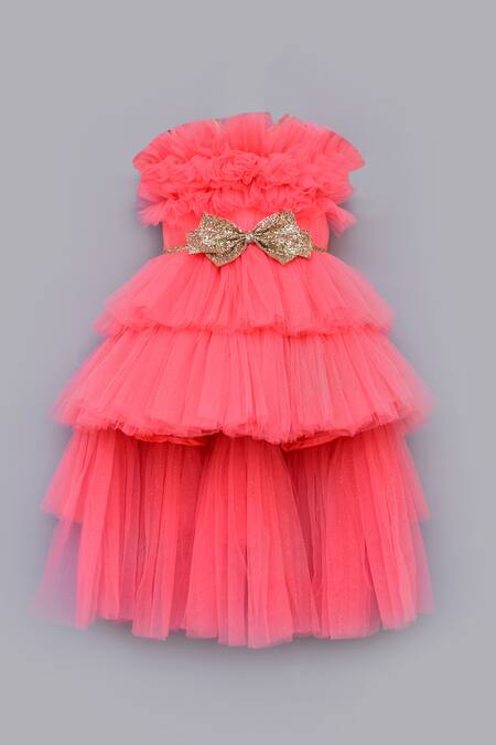 Fayon Kids_Pink Cotton, Net Bows Embellished High-low Gown _Online_at_Aza_Fashions
