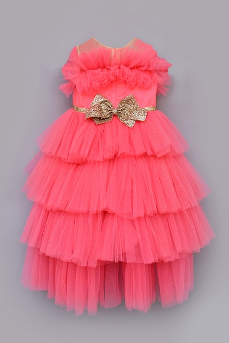 Buy_Fayon Kids_Pink Cotton, Net Bows Embellished High-low Gown _Online_at_Aza_Fashions