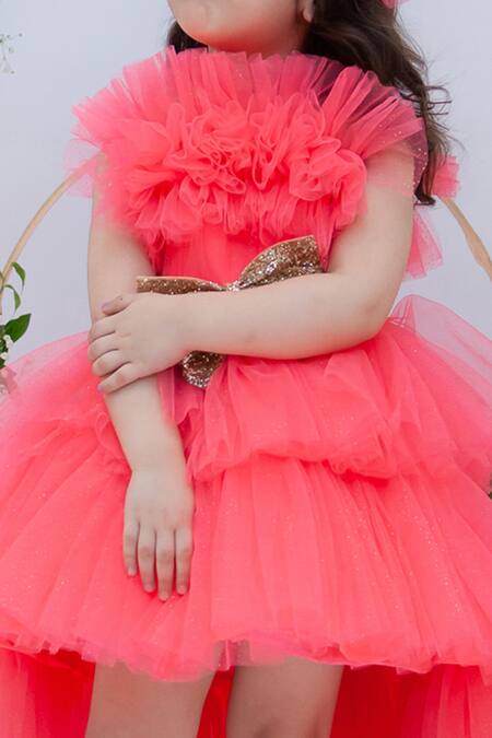 Shop_Fayon Kids_Pink Cotton, Net Bows Embellished High-low Gown _Online_at_Aza_Fashions