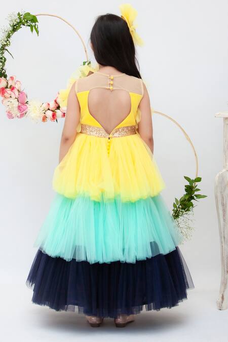 Shop_FAYON KIDS_Yellow Dupion Silk Layered Gown  _at_Aza_Fashions