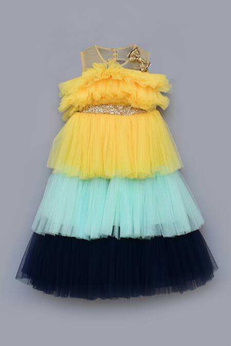 FAYON KIDS_Yellow Dupion Silk Layered Gown  _Online_at_Aza_Fashions