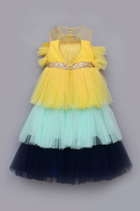 Buy_FAYON KIDS_Yellow Dupion Silk Layered Gown  _Online_at_Aza_Fashions