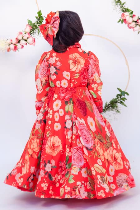Shop Fayon Kids Red Cotton, Georgette Printed Flared Gown at Aza Fashions Shop_Fayon Kids_Red Cotton, Georgette Printed Flared Gown _at_Aza_Fashions