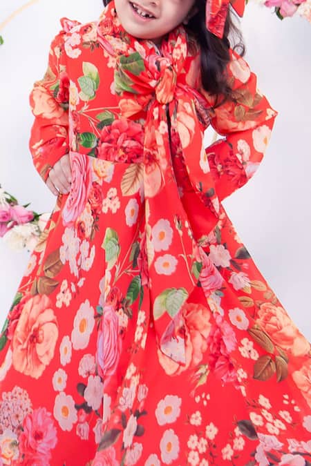 Shop Fayon Kids Red Cotton, Georgette Printed Flared Gown Online at Aza Fashions Shop_Fayon Kids_Red Cotton, Georgette Printed Flared Gown _Online_at_Aza_Fashions