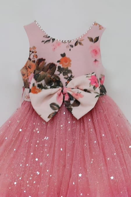 Fayon Kids Pink Cotton, Net Sequins, Bows Embellished Gown Online at Aza Fashions Fayon Kids_Pink Cotton, Net Sequins, Bows Embellished Gown _Online_at_Aza_Fashions