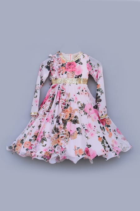Fayon Kids_Peach Cotton, Georgette Sequins, Zari Printed Anarkali _Online_at_Aza_Fashions