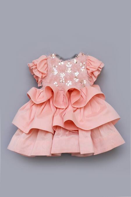 Fayon Kids_Peach Cotton, Silk Sequins Embellished Dress _Online_at_Aza_Fashions