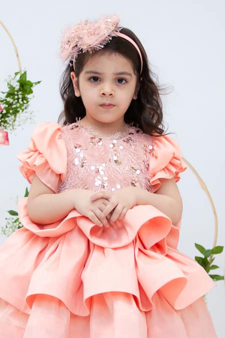 Buy_Fayon Kids_Peach Cotton, Silk Sequins Embellished Dress _Online_at_Aza_Fashions