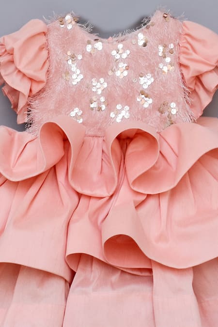 Fayon Kids_Peach Cotton, Silk Sequins Embellished Dress _at_Aza_Fashions