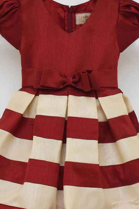 Fayon Kids_Maroon Cotton, Silk Bows Striped Pleated Frock _Online_at_Aza_Fashions