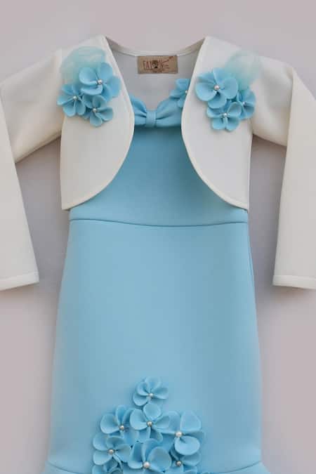 Fayon Kids_Blue Lycra Fabric Flowers, Applique Embroidered Dress With Jacket _Online_at_Aza_Fashions