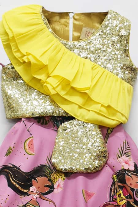 Fayon Kids_Purple Organza, Crepe, Cotton Satin Sequins Printed Lehenga Set _Online_at_Aza_Fashions