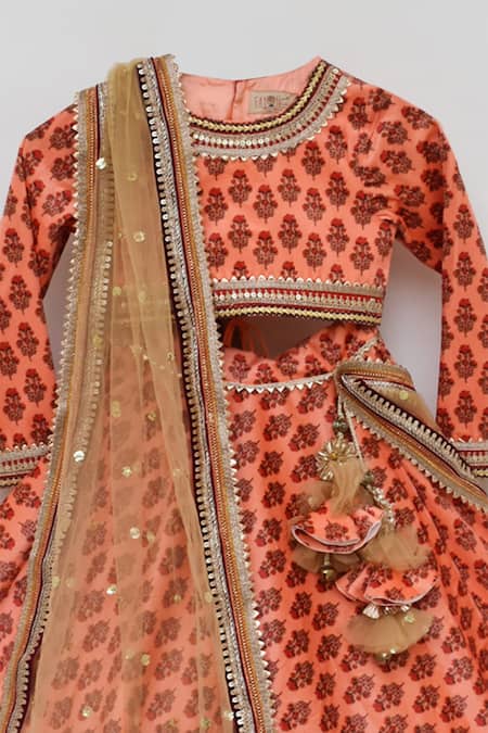 Fayon Kids_Orange Cotton, Net, Velvet Sequins, Embroidery Printed Lehenga Set _Online_at_Aza_Fashions