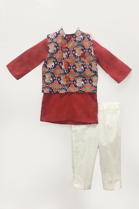 FAYON KIDS Patola Printed Maroon Bundi Kurta Set 