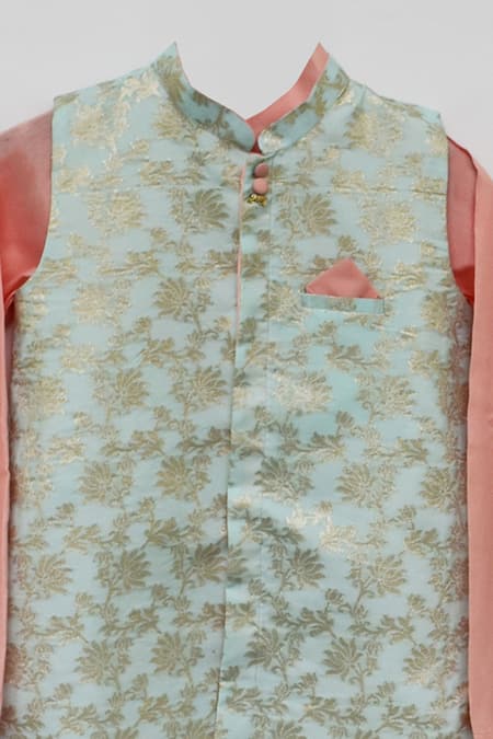 Fayon Kids_Blue Chanderi, Cotton Embroidery Floral Motif Kurta Set _Online_at_Aza_Fashions