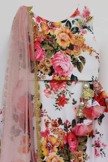 Fayon Kids_White Georgette, Cotton Embroidery, Tassels, Sequins Printed Lehenga Set _Online_at_Aza_Fashions
