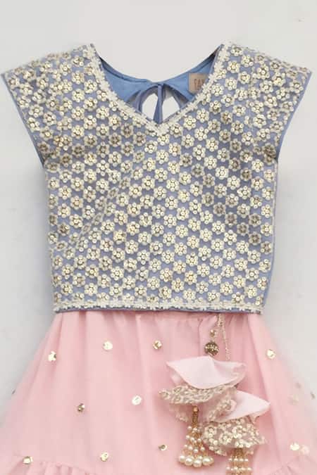 Fayon Kids Blue Cotton Embroidery, Sequins, Tassels Lehenga Set Online at Aza Fashions Fayon Kids_Blue Cotton Embroidery, Sequins, Tassels Lehenga Set _Online_at_Aza_Fashions