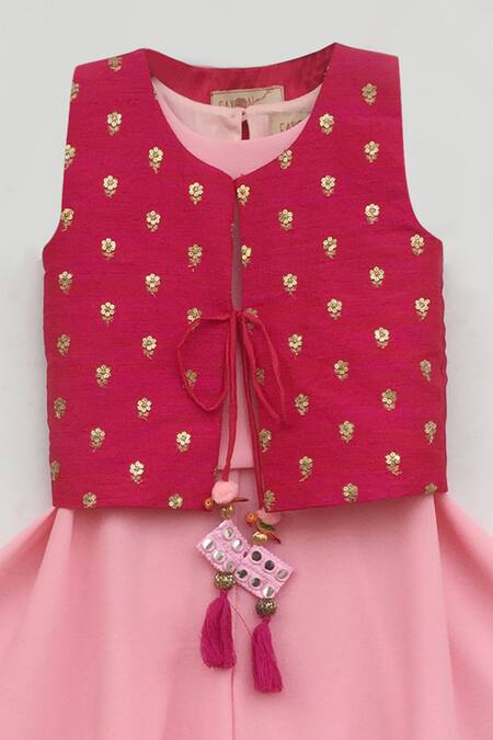 Fayon Kids_Pink Crepe, Silk Tassels, Embroidery Jacket And Dhoti Pant Set _Online_at_Aza_Fashions