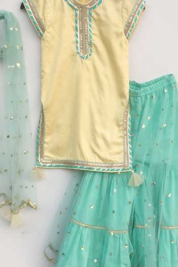 FAYON KIDS_Yellow Cotton, Silk, Chiffon Embroidery, Sequins Kurta Set With Sharara _Online_at_Aza_Fashions