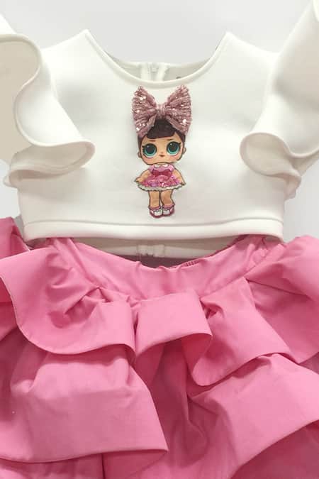 Fayon Kids_White Cotton, Taffeta, Lycra Embroidery Layered Skirt Set _Online_at_Aza_Fashions