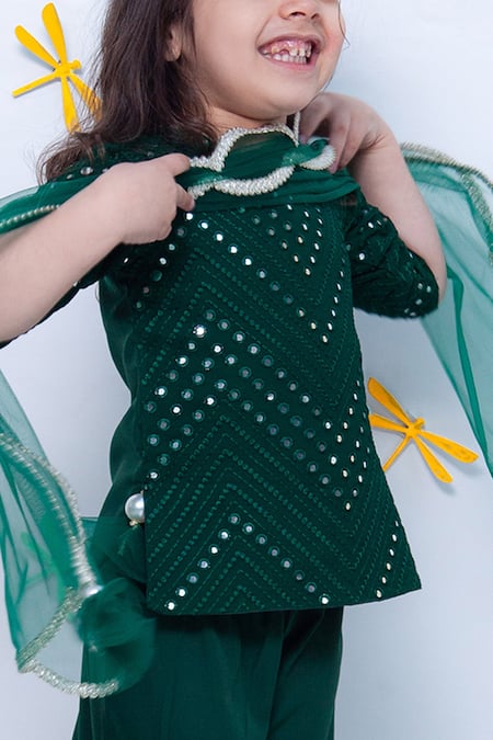 Fayon Kids_Green Crepe, Silk, Chiffon Mirrors Embroidered Kurta Set _Online_at_Aza_Fashions