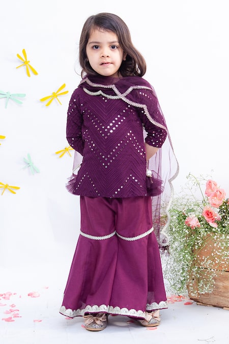 FAYON KIDS Purple Mirror Embroidered Fabric Kurta Set 