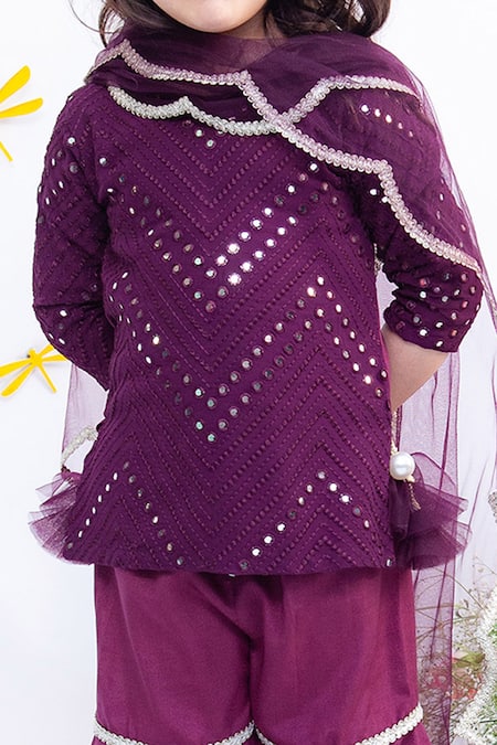 Fayon Kids_Purple Crepe, Silk, Chiffon Mirrors Embroidered Kurta Set _Online_at_Aza_Fashions