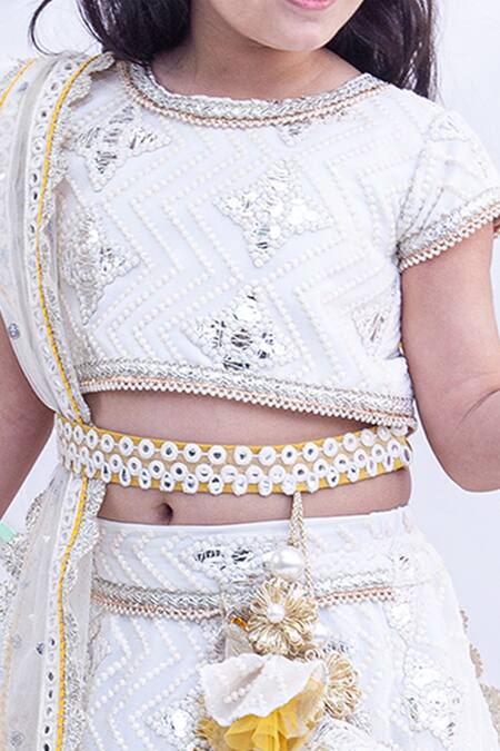 Fayon Kids_White Net, Silk Embroidery, Sequins, Gota Patti, Tassels Lehenga Set _Online_at_Aza_Fashions