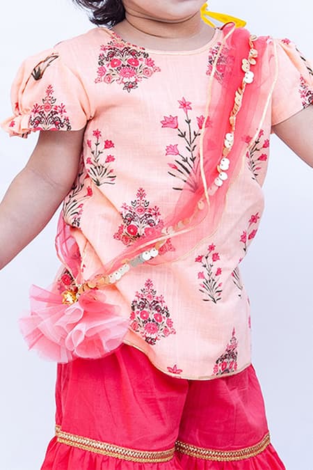 Fayon Kids_Peach Cotton Sequins, Embroidery Printed Kurta And Sharara Set _Online_at_Aza_Fashions