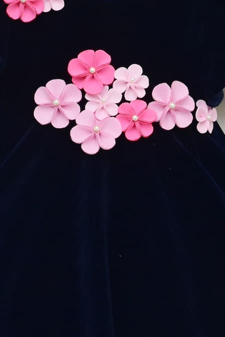 Fayon Kids_Blue Velvet Fabric Flowers Applique Dress _Online_at_Aza_Fashions