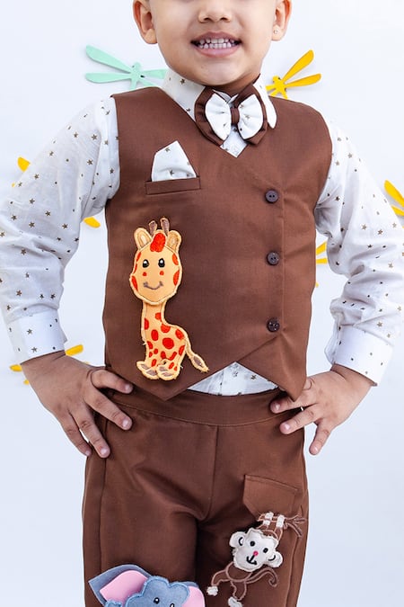 Fayon Kids Brown Cotton, Suede Applique Waistcoat And Pant Set Online at Aza Fashions Fayon Kids_Brown Cotton, Suede Applique Waistcoat And Pant Set _Online_at_Aza_Fashions