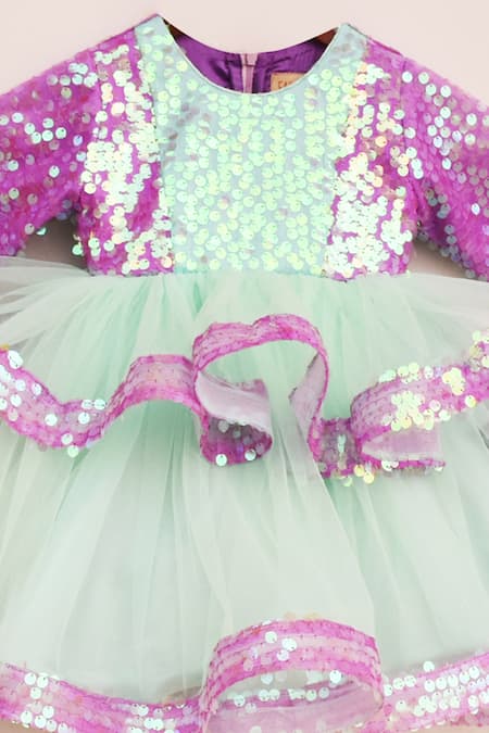 Fayon Kids_Blue Cotton, Net Sequins, Ruffles Dress _Online_at_Aza_Fashions