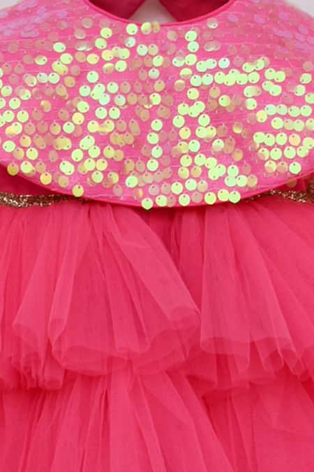 Fayon Kids_Pink Net, Denim, Silk Sequins Tiered Frill Gown With Cape _Online_at_Aza_Fashions