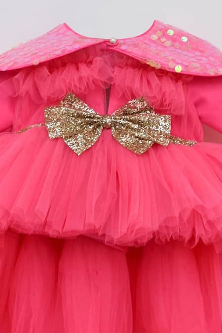Buy_Fayon Kids_Pink Net, Denim, Silk Sequins Tiered Frill Gown With Cape _Online_at_Aza_Fashions