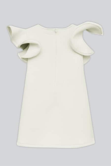 Shop Fayon Kids White Lycra, Neoprene Applique Ruffle Sleeve Dress at Aza Fashions Shop_Fayon Kids_White Lycra, Neoprene Applique Ruffle Sleeve Dress _at_Aza_Fashions