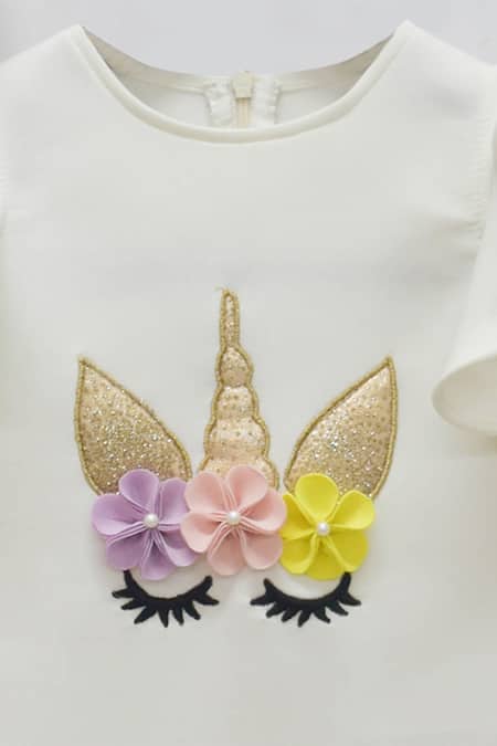 Fayon Kids White Lycra, Neoprene Applique Ruffle Sleeve Dress Online at Aza Fashions Fayon Kids_White Lycra, Neoprene Applique Ruffle Sleeve Dress _Online_at_Aza_Fashions