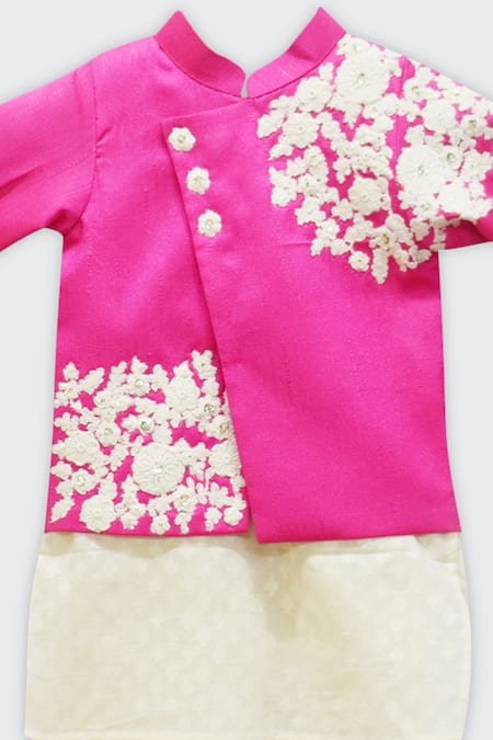 Fayon Kids_Pink Silk, Cotton Embroidery Jacket And Kurta Set _Online_at_Aza_Fashions