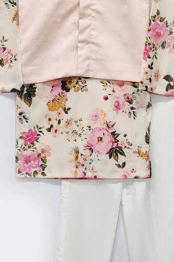 FAYON KIDS_Peach Silk, Cotton, Georgette Patchwork Bundi And Floral Printed Kurta Set _Online_at_Aza_Fashions