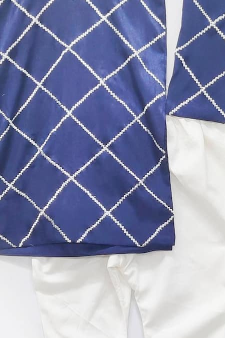 Fayon Kids_Blue Silk, Cotton Embroidery Checkered Kurta Set _Online_at_Aza_Fashions