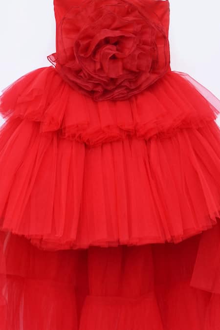 Fayon Kids Red Silk, Net Applique Tiered Frill Gown Online at Aza Fashions Fayon Kids_Red Silk, Net Applique Tiered Frill Gown _Online_at_Aza_Fashions