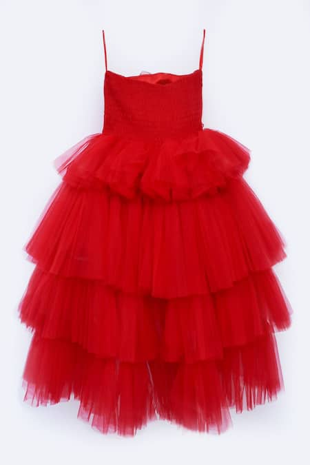 Shop Fayon Kids Red Silk, Net Applique Tiered Frill Gown at Aza Fashions Shop_Fayon Kids_Red Silk, Net Applique Tiered Frill Gown _at_Aza_Fashions