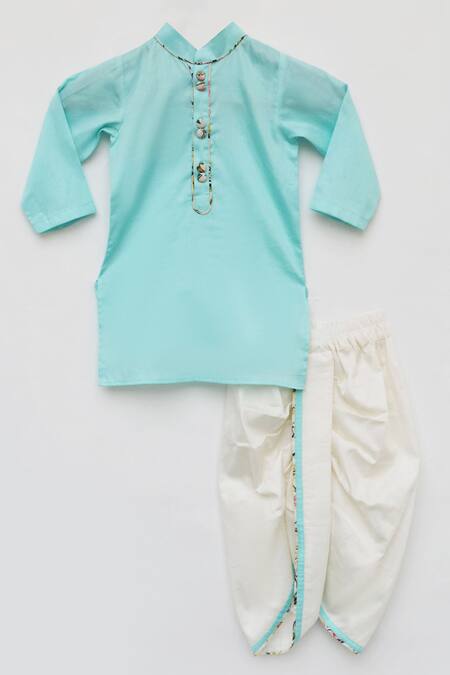 Fayon Kids_Blue Cotton, Silk Kurta Set _Online_at_Aza_Fashions