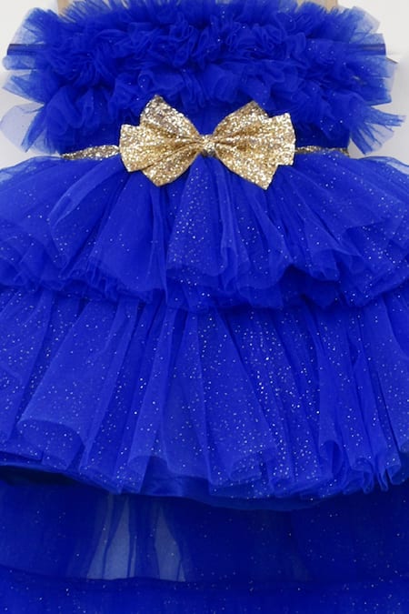 Fayon Kids_Blue Silk, Net Ruffles High-low Gown _Online_at_Aza_Fashions