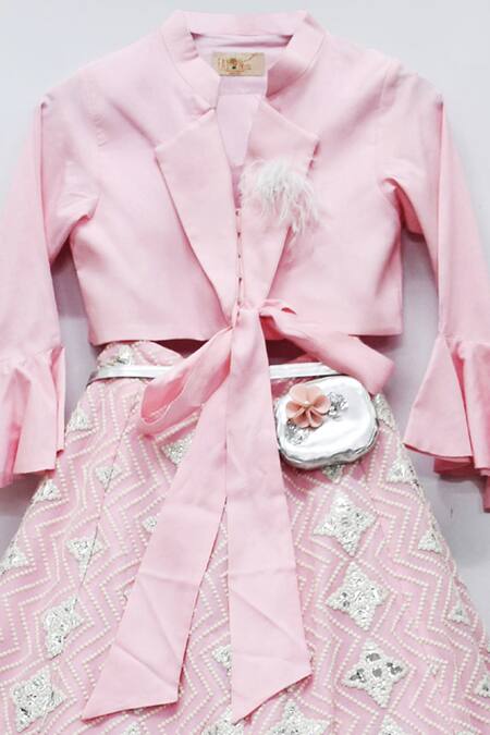Fayon Kids_Pink Silk, Cotton Sequins, Beads Embroidered Lehenga Set _Online_at_Aza_Fashions