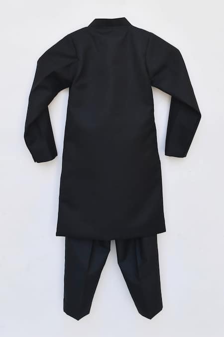 Shop_Fayon Kids_Black Cotton Embroidery Suiting Sherwani Set _at_Aza_Fashions